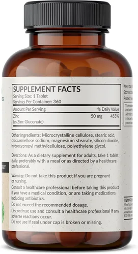 Vista 2 de Futurebiotics Zinc 50 mg de alta potencia, suministro para 1 año - 360 tabletas vegetarianas sin OMG