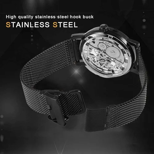 Vista 7 de Dentily Reloj de esqueleto para hombre clásico con número romano Steampunk Reloj mecánico Relojes de viento para hombre (azul)