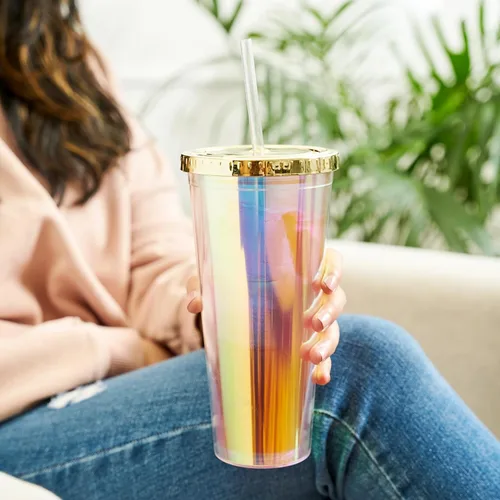 Vista 4 de Blush Lindo vaso iridiscente para bebida, reutilizable, a prueba de fugas, para viajes, plástico transparente, delgado, taza de café helado