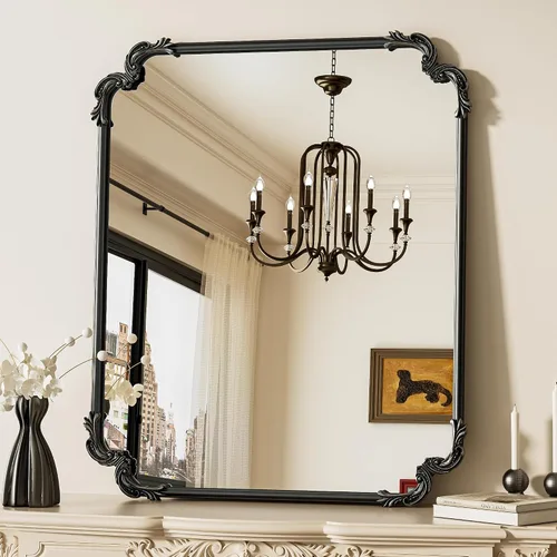 Vista 18 de Espejo rectangular negro barroco vintage para pared, 22 x 30 pulgadas, marco de desplazamiento antiguo, espejo de manto francés para chimenea, baño