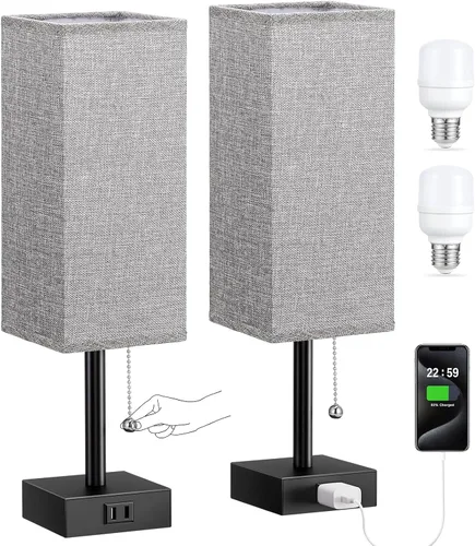 Vista 13 de Fenmzee Juego de 2 lámparas de noche para dormitorio, pequeña lámpara rectangular para mesita de noche con puerto de carga USB A C, luz
