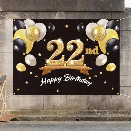 Vista 7 de Telón de fondo de pancarta de feliz cumpleaños 22 – Suministros de decoración de fiesta de cumpleaños 22 para hombres y él – Negro dorado 4 x 6 pies