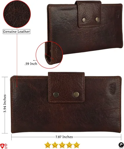 Vista 4 de Mou Meraki Cartera larga con bloqueo RFID de cuero genuino - Vintage Bifold para hombres, Rojo Marrón, Cartera larga
