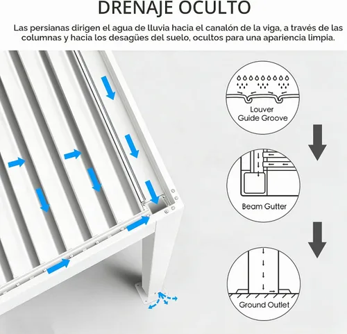 Vista 3 de Kozyard Pergola con listones para exteriores, 10 x 12 pies, refugio de Resistente a la intemperie, sistema de drenaje, techo con listones Blanco