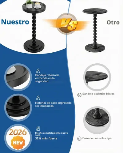 Vista 5 de Mesa auxiliar redonda de madera y mesa para bebidas con pilares de Negro