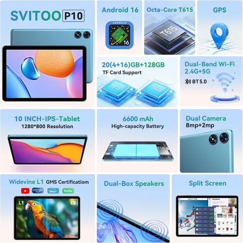 Vista 2 de SVITOO Tableta Android de 10 Pulgadas, Tableta Android 16 para Niños y Adultos, Octa-Core, 20GB RAM 128GB Almacenamiento Ampliable a 1TB, Cámaras