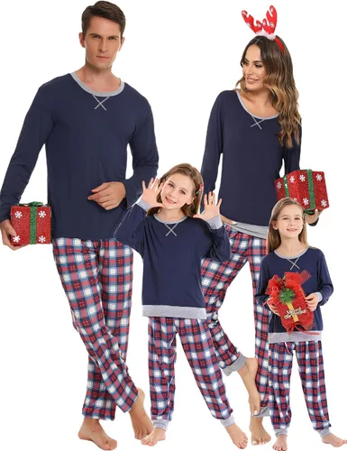 Vista 2 de SWOMOG Conjunto de pijama a juego para hombres, mujeres y niños, para familia, parejas, ropa de dormir de manga larga, pantalones a rayas a cuadros