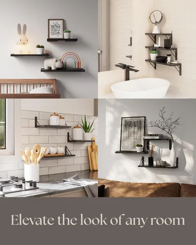 Vista 5 de BAYKA Estantes flotantes montados en la pared, estante de pared flotante de madera para libros y decoración, pequeña exhibición y organizador que