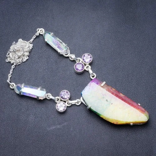 Vista 2 de Collar de cuarzo solar natural arco iris y cristal dicroico arcoíris hecho a mano plata de ley 925 17.7 in Y3475