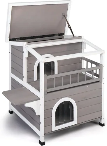 Vista 3 de Casa para gatos de 2 pisos con balcón grande, condominio interior para gatos al aire libre, hogar de madera para gatos