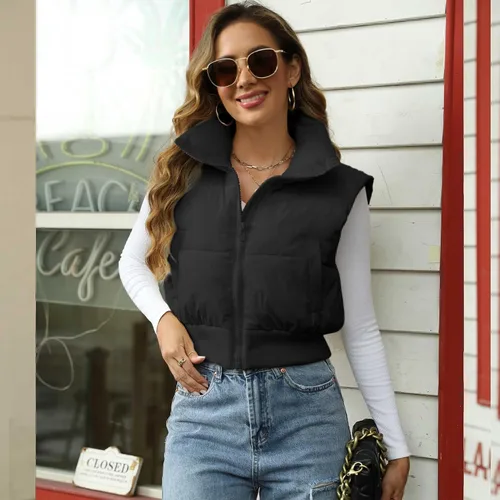 Vista 6 de Ainangua Chaleco acolchado corto para mujer, cuello alto, ligero, sin mangas, acolchado, con cremallera, ropa de abrigo