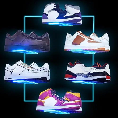 Vista 8 de DILIBRA Paquete de 12 estantes flotantes de exhibición de zapatos con luces, estantes de exhibición de zapatos que cambian de color brillante