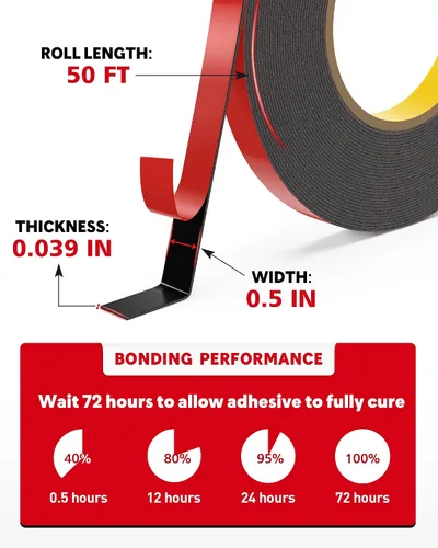 Vista 5 de HitLights Cinta de doble cara resistente, 1/2 pulgada x 50 pies, cinta adhesiva de montaje impermeable, fuerte cinta de espuma de doble adherencia