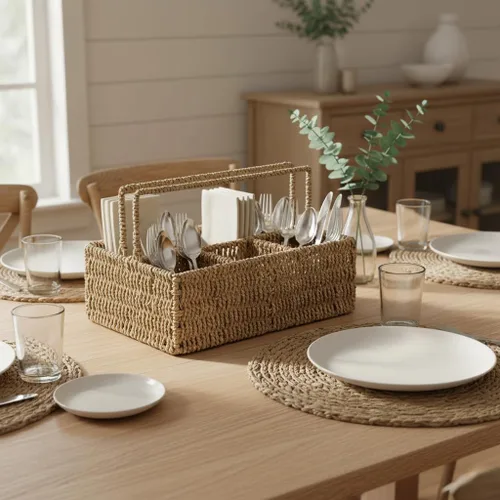 Vista 3 de PEMAR Organizador grande de utensilios tejido a mano de tamaño L, soporte de mimbre de yute natural para mesa, juego de cocina, organizador