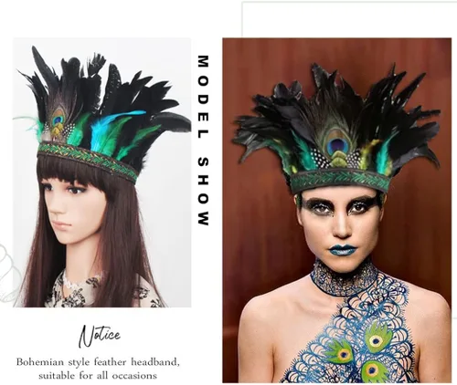 Vista 4 de Gortin Diadema decorativa de plumas de pavo real tocado de plumas diadema de Halloween para fiesta