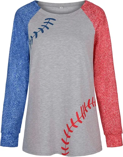 Vista 2 de ETATNG Camisetas raglán para mujer, camiseta de béisbol con cuello redondo y estampado de retazos