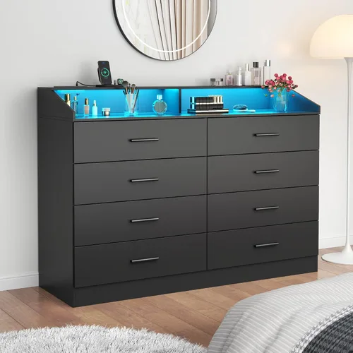 Vista 21 de Gyfimoie Cómoda de 6 cajones con toma de corriente, cómoda con luz LED, cómoda moderna con cubículo de almacenamiento abierto, organizador de Negro
