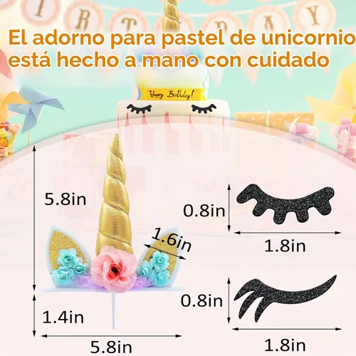 Vista 7 de Decoración de pastel de unicornio para niñas, decoración de cumpleaños de cuerno de unicornio dorado con pestañas, 5.8 pulgadas