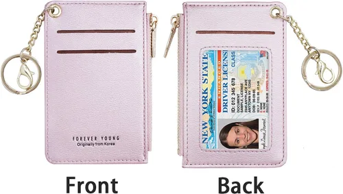 Vista 6 de Carteras pequeñas de cuero delgado para mujeres, tarjetero, cartera, monedero con llavero