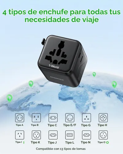 Vista 5 de MOMAX Mini Universal Travel Adapter for US/EU/UK/AUS Worldwide Plug Adapter Negro