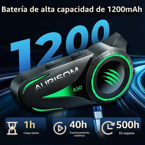 Vista 5 de Auriculares de Casco de Motocicleta Bluetooth con Cancelación de Ruido, Altavoces Inalámbricos para Casco con Luz LED de 4 Colores, Batería