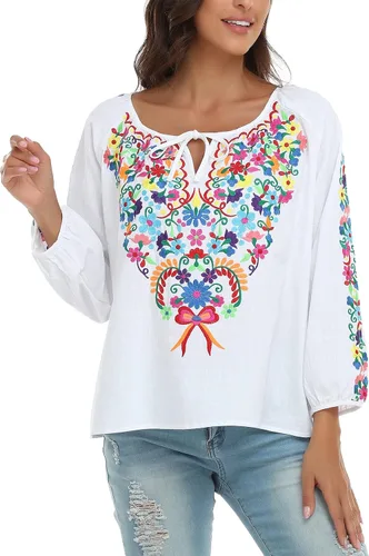 Vista 5 de YZXDORWJ CAMISA bordada mexicana para mujer