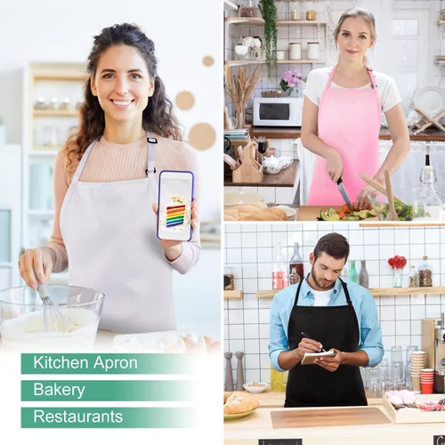 Vista 7 de Jubatus Paquete de 2 delantales ajustables con 3 bolsillos, delantales de cocina para chef, para mujeres y hombres, color blanco