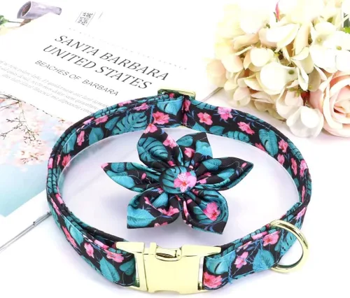 Vista 4 de Collares de perro femeninos Beirui con patrones florales vibrantes, collar de perro hembra con flores para caminar, collar ajustable duradero