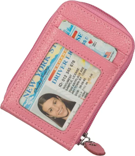 Vista 2 de Billetera con cierre de cuero genuino con tarjetero con bloqueador de señal RFID, S, Rosado