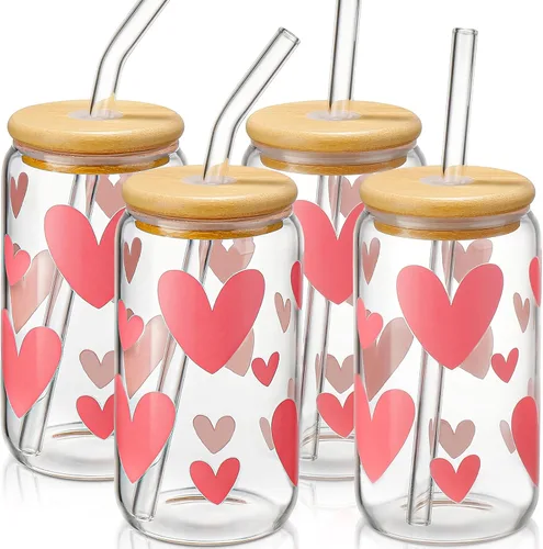 Vista 11 de DWTS DANWEITESI Vasos de vidrio con tapas y pajitas, 4 piezas, juego de vasos de 16 onzas para accesorios de barra de café, tazas de café helado