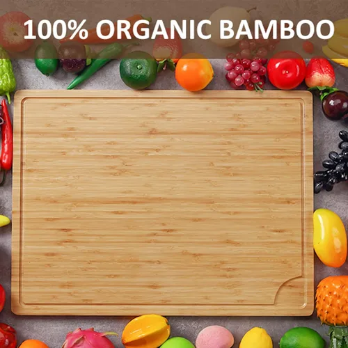 Vista 2 de Tabla de cortar de madera de bambú extragrande, tabla de cortar de madera de cocina de 24 x 18 pulgadas con ranura para jugo, tabla de cortar