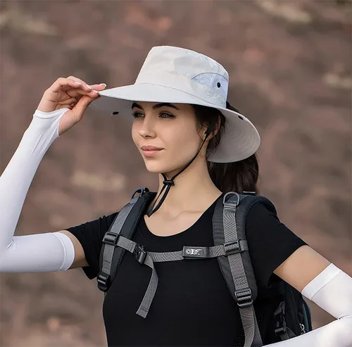 Vista 3 de Sombrero de sol de verano para mujer, cola de caballo, protección UV, ala ancha, plegable, sombrero Beige