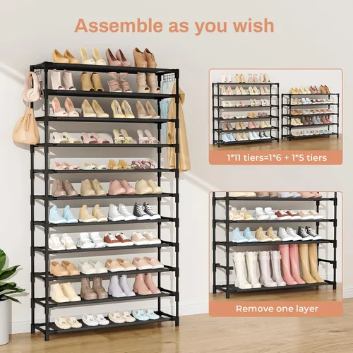 Vista 5 de VILICK Zapatero ancho de 11 niveles, 55 pares de gran capacidad, resistente, duradero, para armario, organizador de zapatos de metal con dos Negro