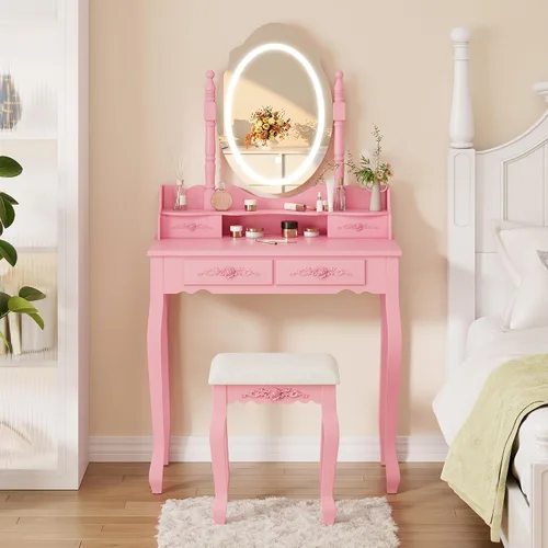 Vista 11 de Escritorio de tocador con espejo y luces, mesa de maquillaje moderna y taburete acolchado con 4 cajones, 3 modos de iluminación de color con brillo