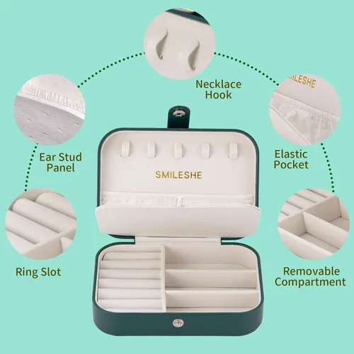Vista 7 de Smileshe Joyero, estuche de viaje portátil pequeño de piel sintética, organizador de 2 capas, cajas de almacenamiento para anillos, aretes