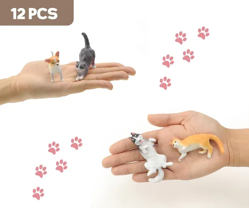 Vista 2 de RECUR Figuras de animales de gatos y perros, figura en miniatura para tartas, 100% pintada a mano, mini figura de mascotas para niños, 12