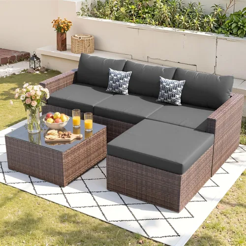 Vista 9 de UDPATIO Juego de muebles de patio de 5 piezas, sofá modular de mimbre para todo tipo de clima, sofá modular para exteriores en forma de L