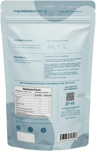 Vista 3 de B-FIT B Glicinato de magnesio y citrato - Apoya el sueño y la recuperación muscular - Vegano - 496 mg -220 cápsulas - 2 meses de suministro