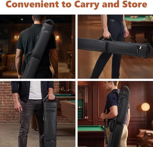 Vista 8 de Estuche para taco de billar de 3 x 5 – Funda rígida de piel sintética con doble correa para el hombro y 3 bolsillos, funda duradera para taco