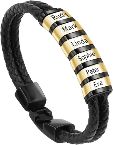 Vista 9 de Pulseras de cuero personalizadas para hombre con 1-6 nombres, pulsera trenzada personalizada con cuentas para papá, marido, día del padre, San