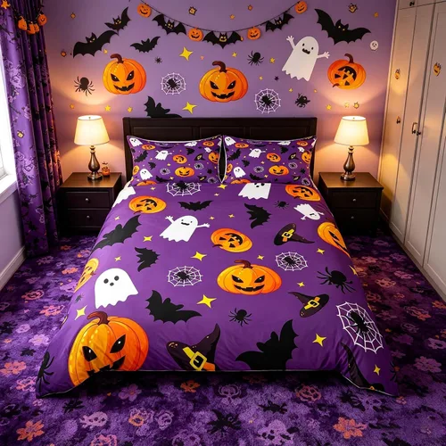 Vista 12 de Juego de funda de edredón de esqueleto, tamaño individual, estampado de flores de esqueleto humano, juego de ropa de cama con temática de Halloween