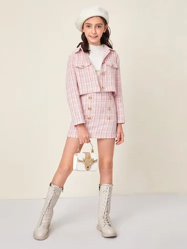 Vista 4 de WDIRARA Conjunto de 2 piezas para niña, chaqueta y falda de tweed de manga larga con botones frontales