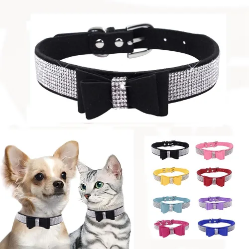 Vista 13 de Collar de perro con diamantes de imitación y lazo ajustable para mascotas, talla XXS, XS, tamaño pequeño, mediano y grande, color rosa, talla XX S