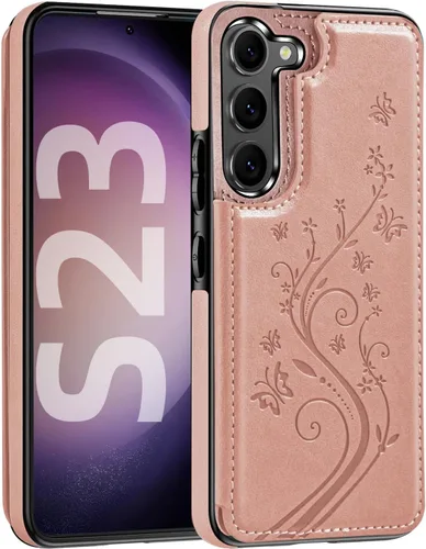 Vista 7 de Korecase - Funda tipo cartera para Samsung Galaxy S23 con tarjetero y tarjetero de piel sintética, diseño de mariposas y flores, color azul