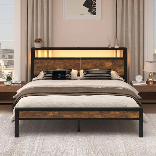 Vista 10 de LoVinson Full Size Bed Frame with Charging Station and LED Light, Metal Platform Bed with Storage Headboard, Noise Free, No Box Spring Needed, Easy