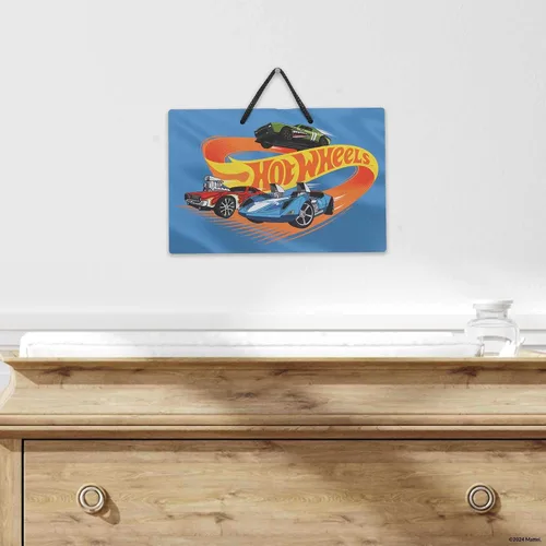Vista 5 de Mattel Hot Wheels - Cartel de metal colgante para pista de carreras de acción, divertida decoración de pared de Hot Wheels para dormitorio de niños