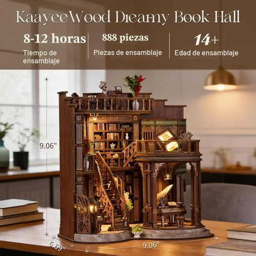 Vista 2 de Kit de rincón de libros, rompecabezas de madera 3D en miniatura, sujetalibros con luz LED, decoración de estantería de flor de cerezo para libros