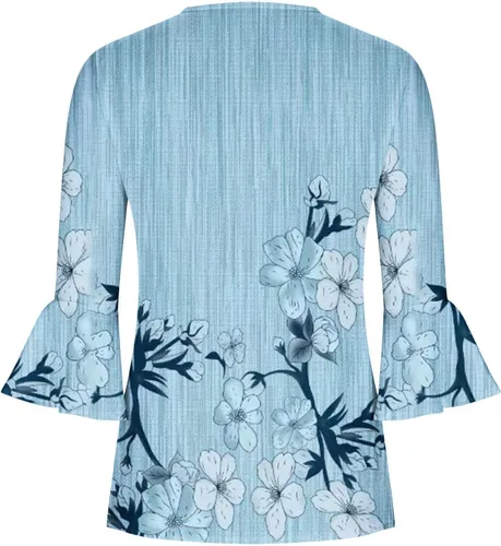 Vista 34 de Ceboyel Blusa tipo túnica con estampado floral para mujer, con botones, estilo Henley, con manga de codo, casual, trajes de moda para mujer