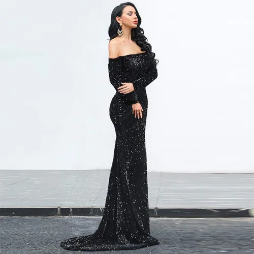 Vista 3 de VA Vestido largo de lentejuelas para mujer, con hombros descubiertos, manga larga, espalda descubierta, con lentejuelas, para boda, fiesta de noche
