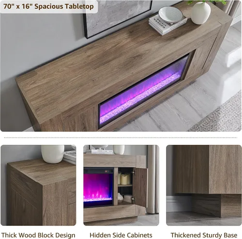 Vista 4 de OKD Soporte de TV con chimenea de 70 pulgadas para TV de 80 pulgadas Aliso Gris